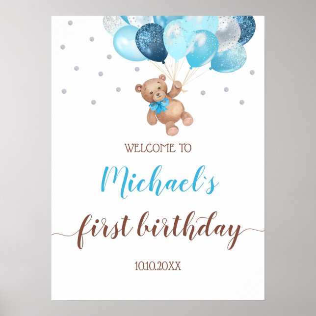 Póster Teddy Bear Bearly Wait Bienvenida Primer Cumpleaño (Frente)