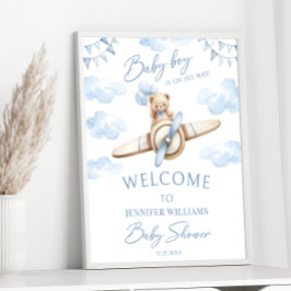 Póster Teddy Bear Blue Airplane Adventure Baby Boy Shower