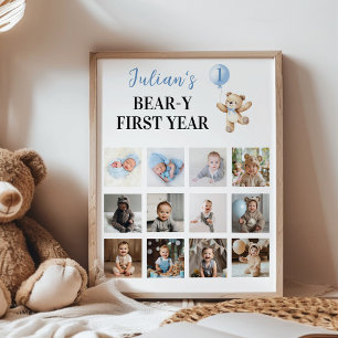 Póster Teddy Bear Blue Balloon First Year Photo Millé