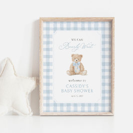 Póster Teddy Bear Blue Gingham Baby Shower Welcome Sign