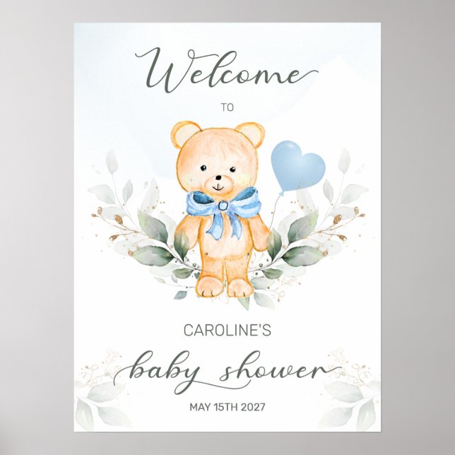 Póster Teddy Bear Boy Bienvenida Poster Baby Shower (Frente)