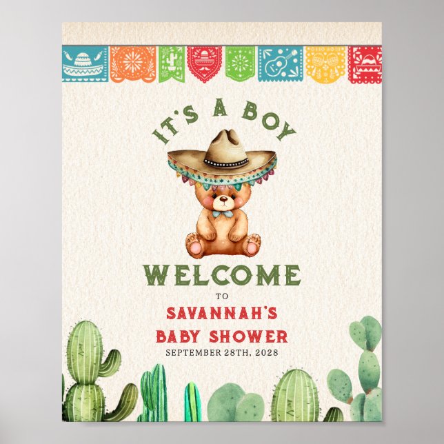 Póster Teddy Bear Cactus Boy Baby Shower Fiesta (Frente)