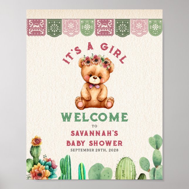 Póster Teddy Bear Cactus Chica Baby Shower Fiesta (Frente)