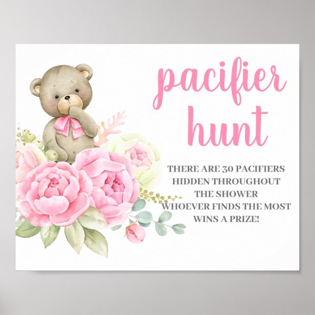 Póster Teddy Bear Chica Baby Shower Pacifier Hunt signo (Frente)