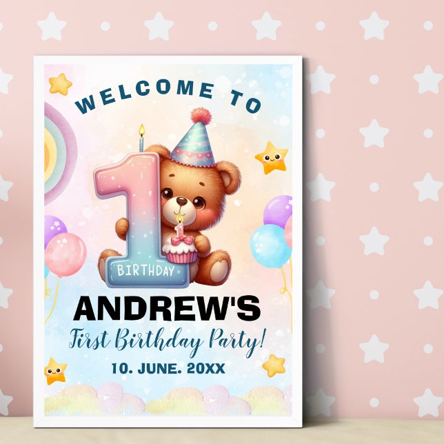 Póster Teddy Bear First Birthday Poster | Nursery & Party (Subido por el creador)