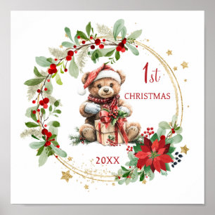 Póster Teddy Bear Foliage Poinsettia Baby 1er Navidades