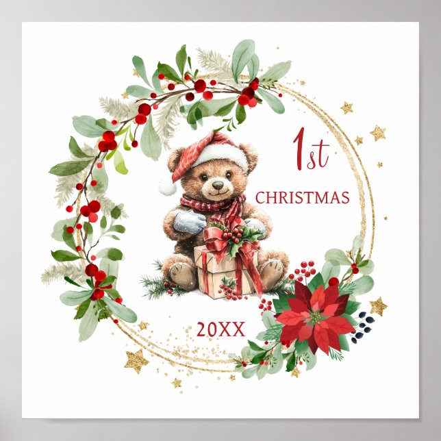 Póster Teddy Bear Foliage Poinsettia Baby 1er Navidades (Frente)