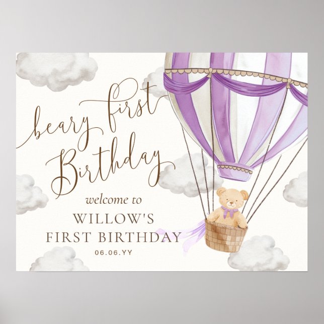 Póster Teddy Bear Hot Air Balloon Beary First Birday (Frente)