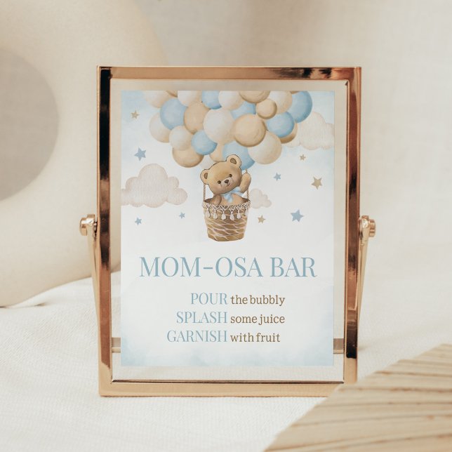 Póster Teddy Bear Hot Air Balloon Mom Osa Bar (Boho Blue Bear Baby Shower Mom Osa Bar Sign)