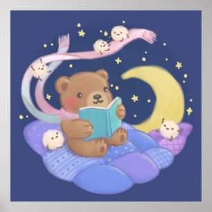 Póster Teddy Bear Leyendo con Ilustracion Fluffy Monsters