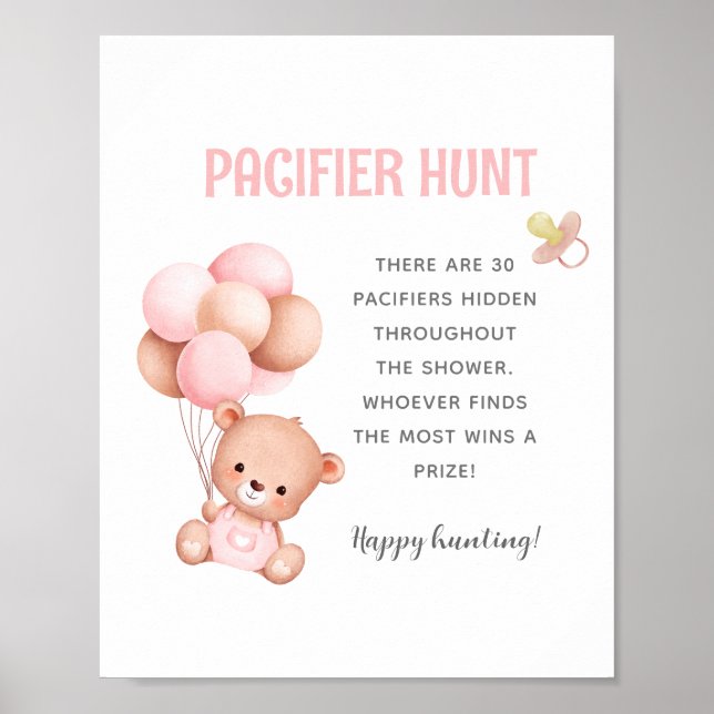 Póster Teddy Bear Pacifier Hunt Juego de Baby Shower (Frente)