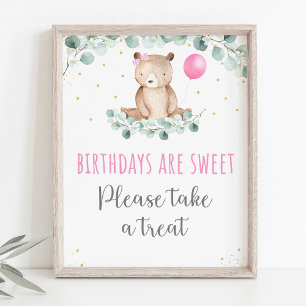 Póster Teddy Bear Picnic Pink Floral Cumpleaños Treday Ró