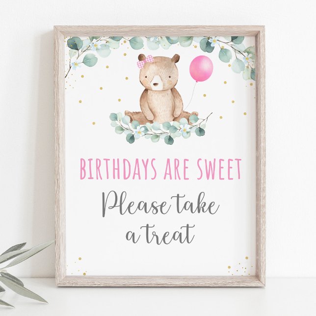 Póster Teddy Bear Picnic Pink Floral Cumpleaños Treday Ró (Subido por el creador)
