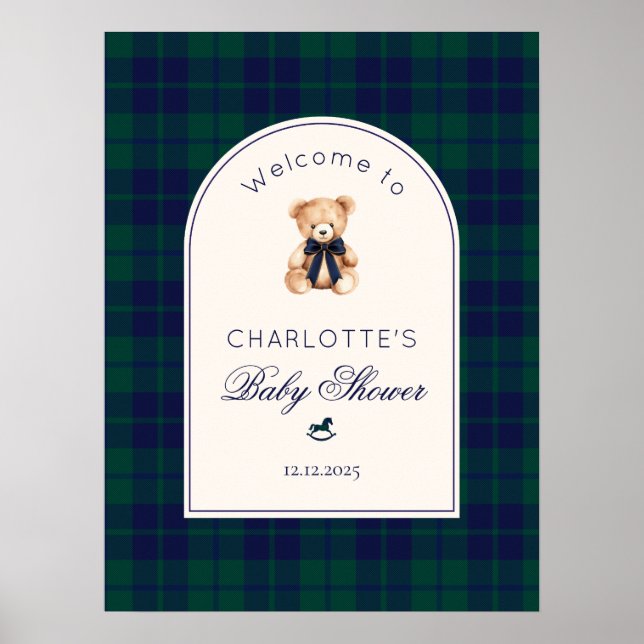 Póster Teddy bear Preppy Plaid Baby Shower Welcome (Frente)
