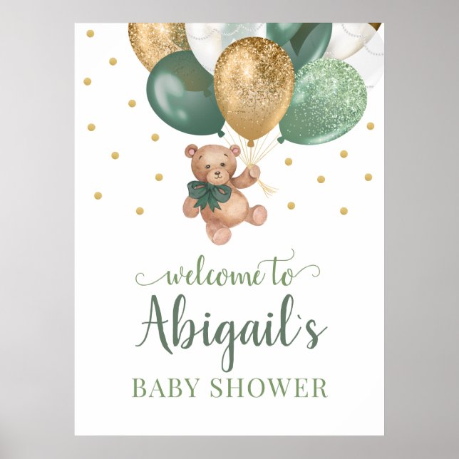 Póster Teddy Bear Sage Green Welcome Baby Shower (Frente)