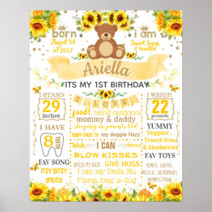 Póster Teddy Bear Sun Flower Birday Party Cartel