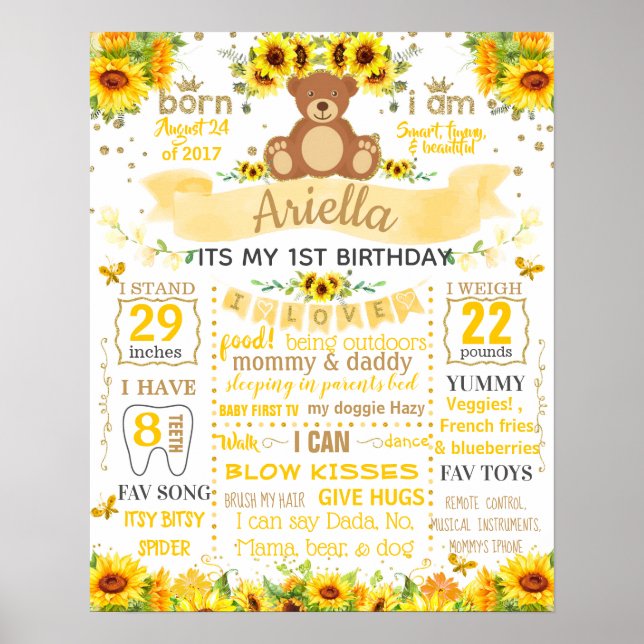 Póster Teddy Bear Sun Flower Birday Party Cartel (Frente)