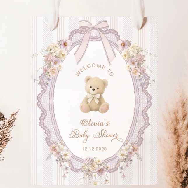 Póster Teddy Bear Vintage Bow Baby Shower Welcome (Subido por el creador)