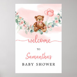 Póster Teddy Bear With Baloons Greenery Girl Welcome Sign