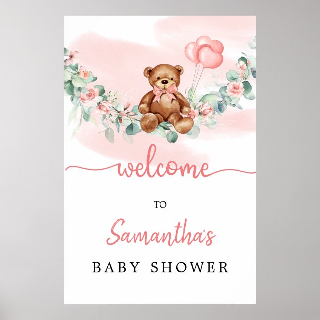 Póster Teddy Bear With Baloons Greenery Girl Welcome Sign (Frente)