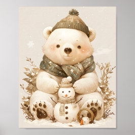 Póster Teddy Polar Bear & Snowman Nursery Wall Art Poster