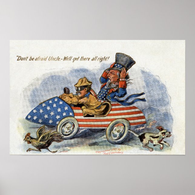 Póster Teddy Roosevelt y Tío Sam en el auto patriótico (Frente)