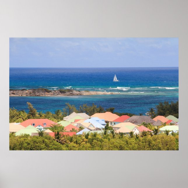 Póster Tejados coloridos con vistas al mar Caribe (Frente)