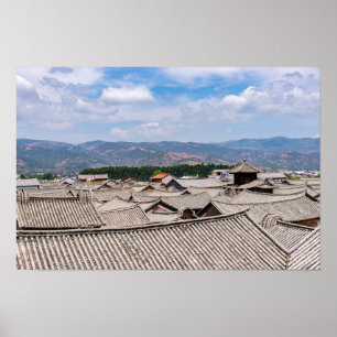 Póster Tejados de tejas tradicionales chinos, Dali, Yunna