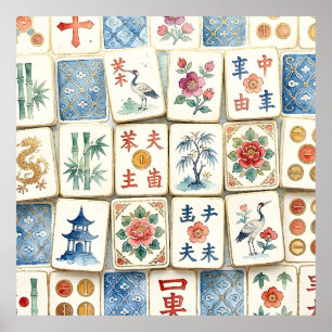 Póster Tejas de Mahjong Chinoiserie Flores Acuarela Pájar