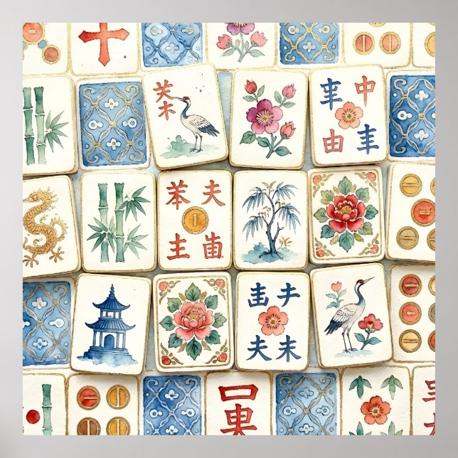 Póster Tejas de Mahjong Chinoiserie Flores Acuarela Pájar (Frente)