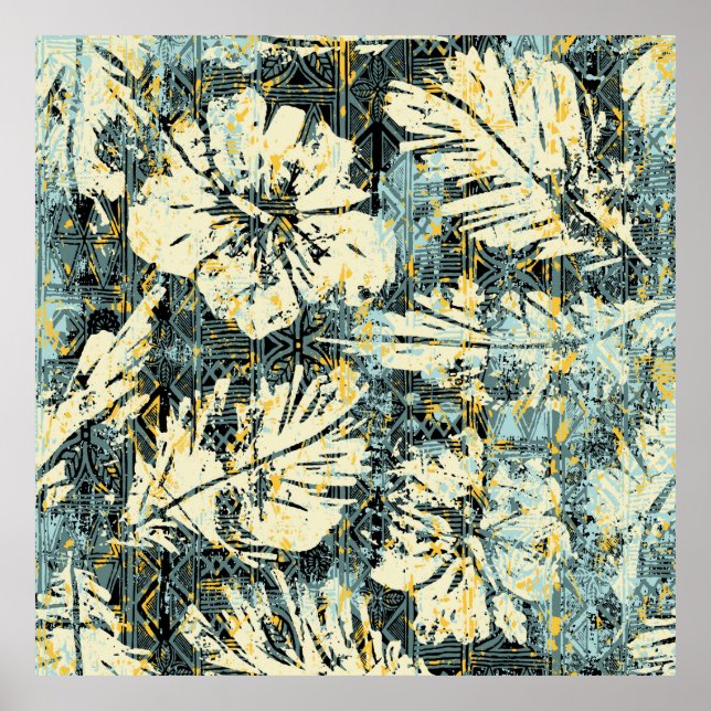 Póster Tejido de hibisco de estilo hawaiano con fondo tri (Frente)