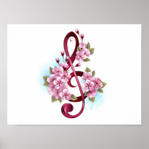 Póster Tejidos musicales notas de colores con flores de S