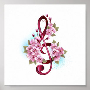 Póster Tejidos musicales notas de colores con flores de S