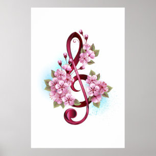 Póster Tejidos musicales notas de colores con flores de S