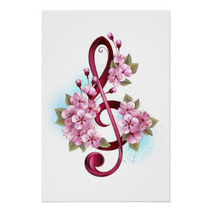 Póster Tejidos musicales notas de colores con flores de S