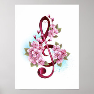 Póster Tejidos musicales notas de colores con flores de S