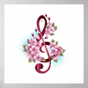 Póster Tejidos musicales notas de colores con flores de S