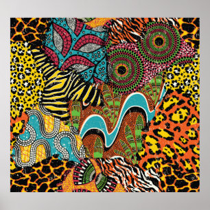 Póster Tela Africana: Patchwork de animales salvajes.