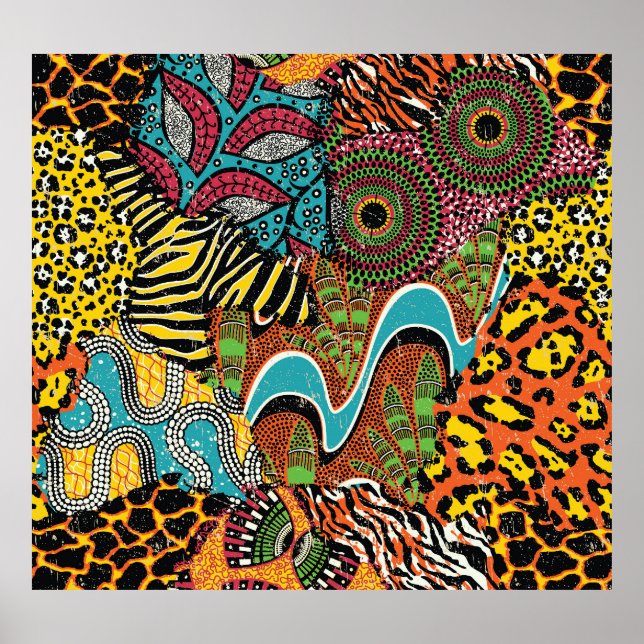 Póster Tela Africana: Patchwork de animales salvajes. (Frente)