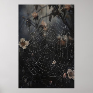 Póster Telaraña con rocío en estampado de bosque oscuro,