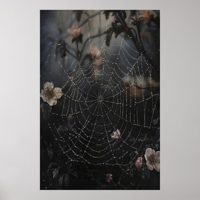 Póster Telaraña con rocío en estampado de bosque oscuro,  (Frente)