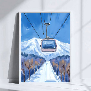 Póster Teleférico de esquí Montaña nevada Pintura acuarel