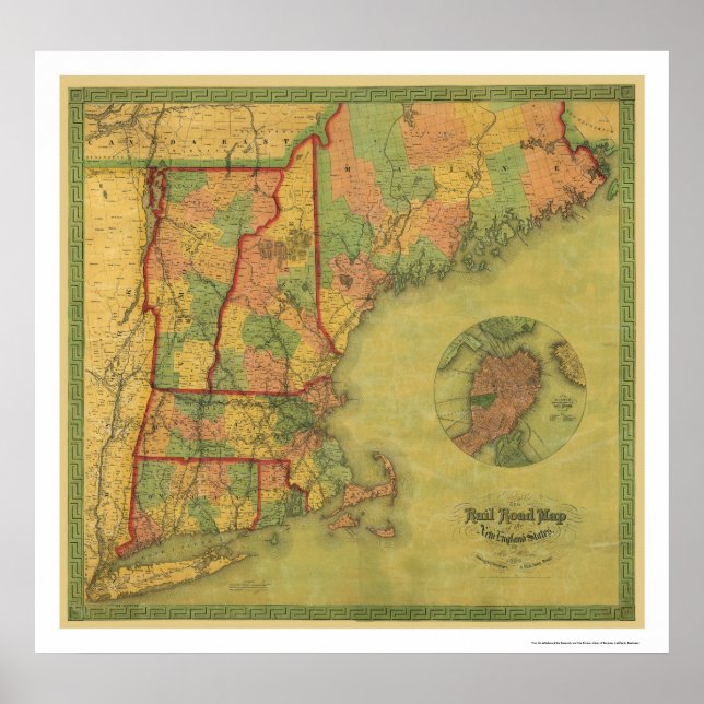 Póster Telegraph Boston Railroad Map 1854 (Frente)