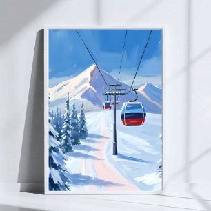 Póster Telesilla Gondola de Montaña Nevada Acuarela