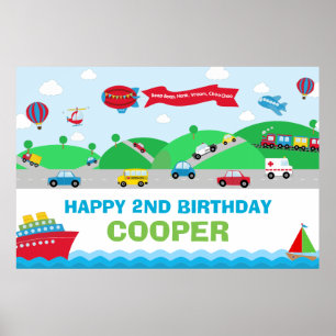 Póster Telón de fondo de cumpleaños de transporte niño Ba
