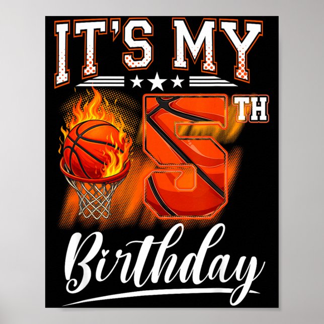Póster tema de baloncesto para cumpleaños 5 años cumpleañ (Frente)