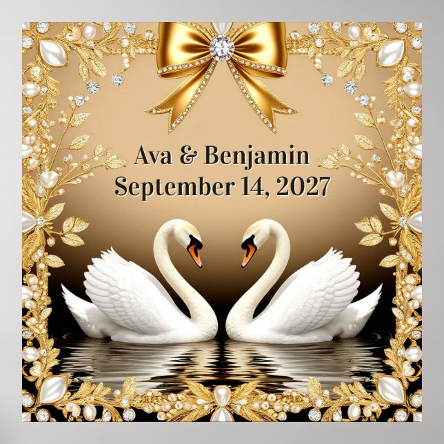 Póster 🦢 Tema de Boda Romántica Cisne Dorado 💍 (Frente)