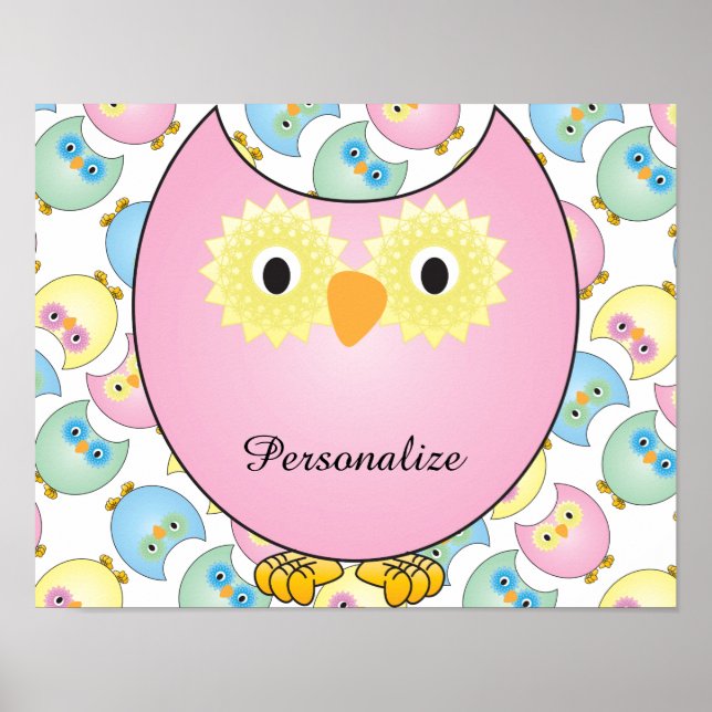 Póster Tema de la guardería Pastel Bebé Lechuza en rosa (Frente)