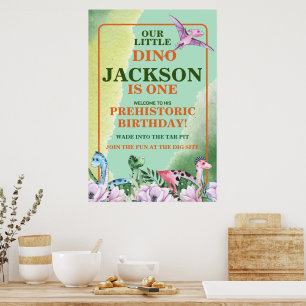 Póster Tema de los dinosaurios Primer cumpleaños