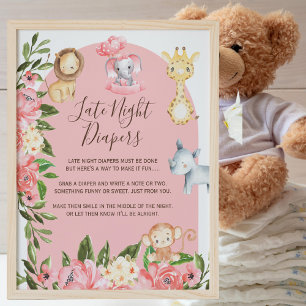 Póster Tema De Safari Rosa Tarde Noche Diaper Dice Rótulo